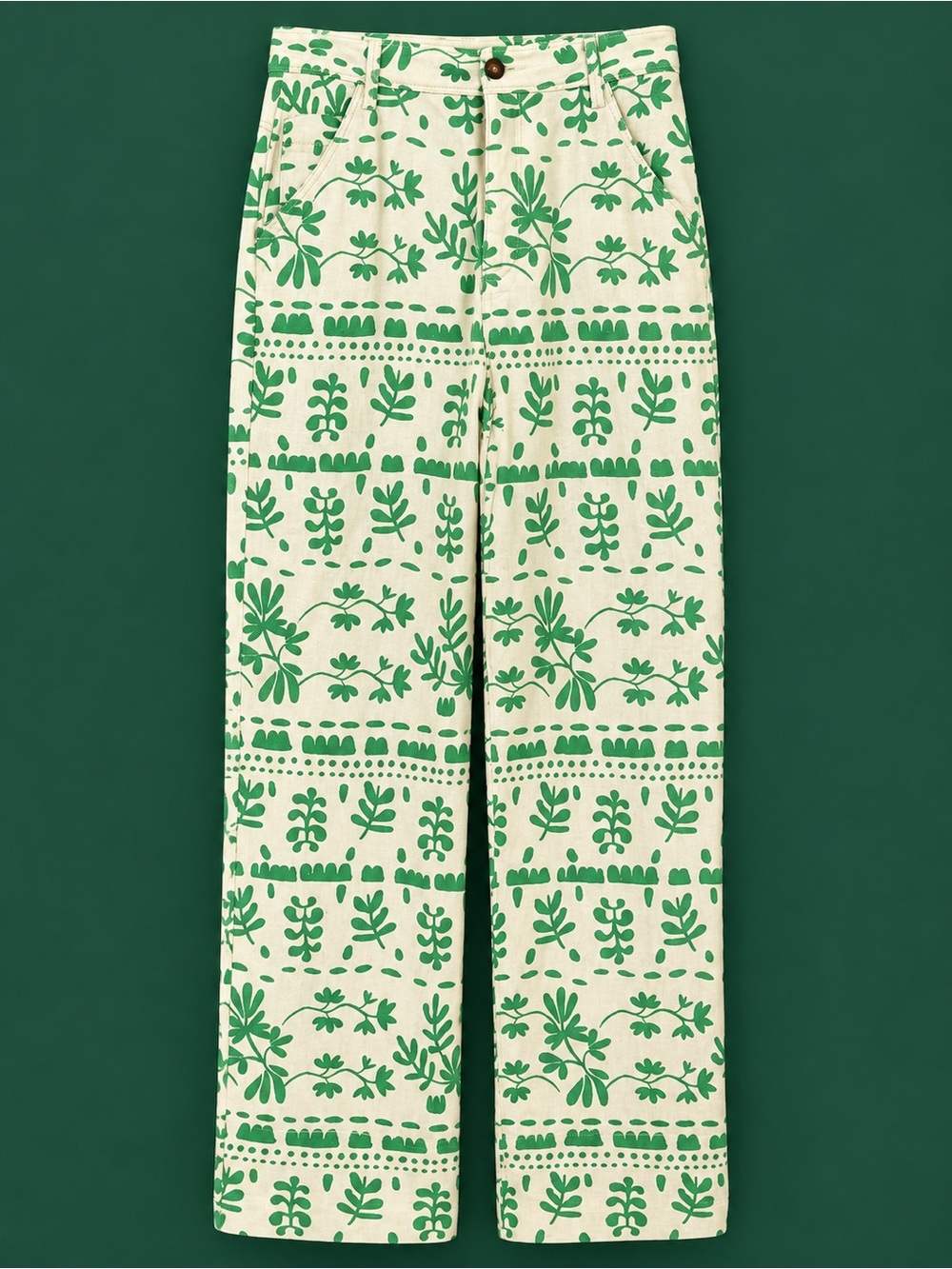 Zara Green Botanical Wide-Leg Pants on Cream Base